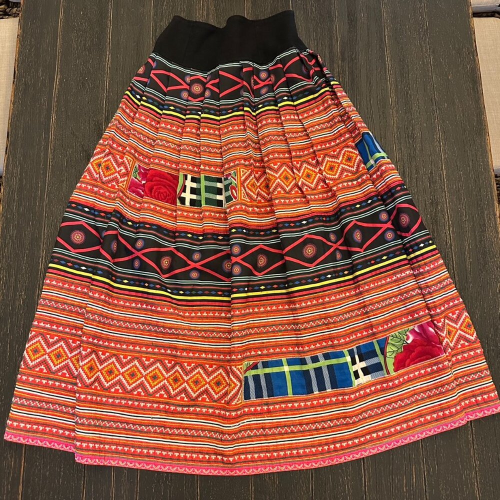 Handmade Thai Tribal Skirt Free Size, Colorful Embroidery & Patchwork Details